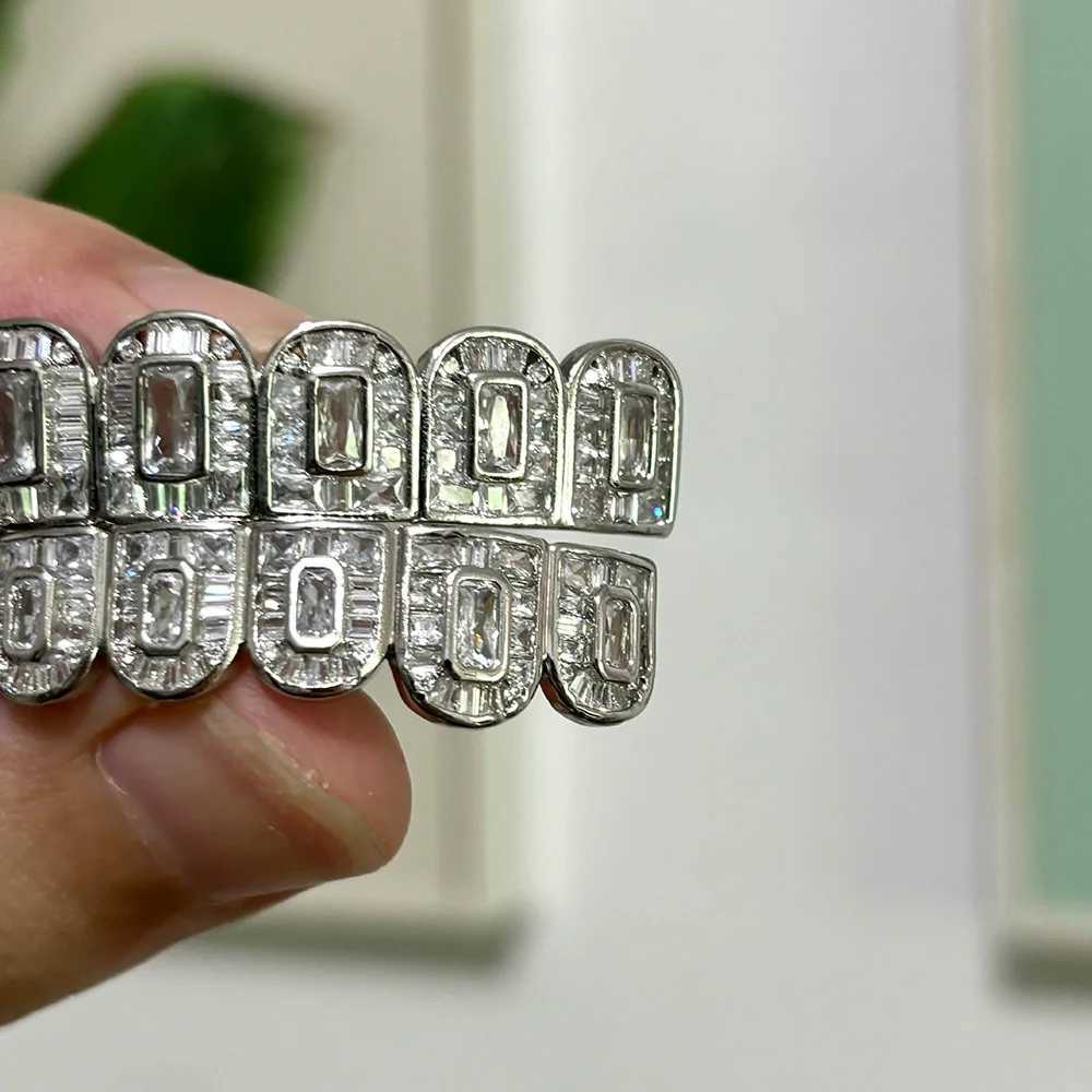 RACHELZ 8/8 Sugar Cubic Zircon Teeth Grillz Hip Hop Silver Color Iced Out CZ Stone Tooth Caps For Women Men JewelryXJ250114