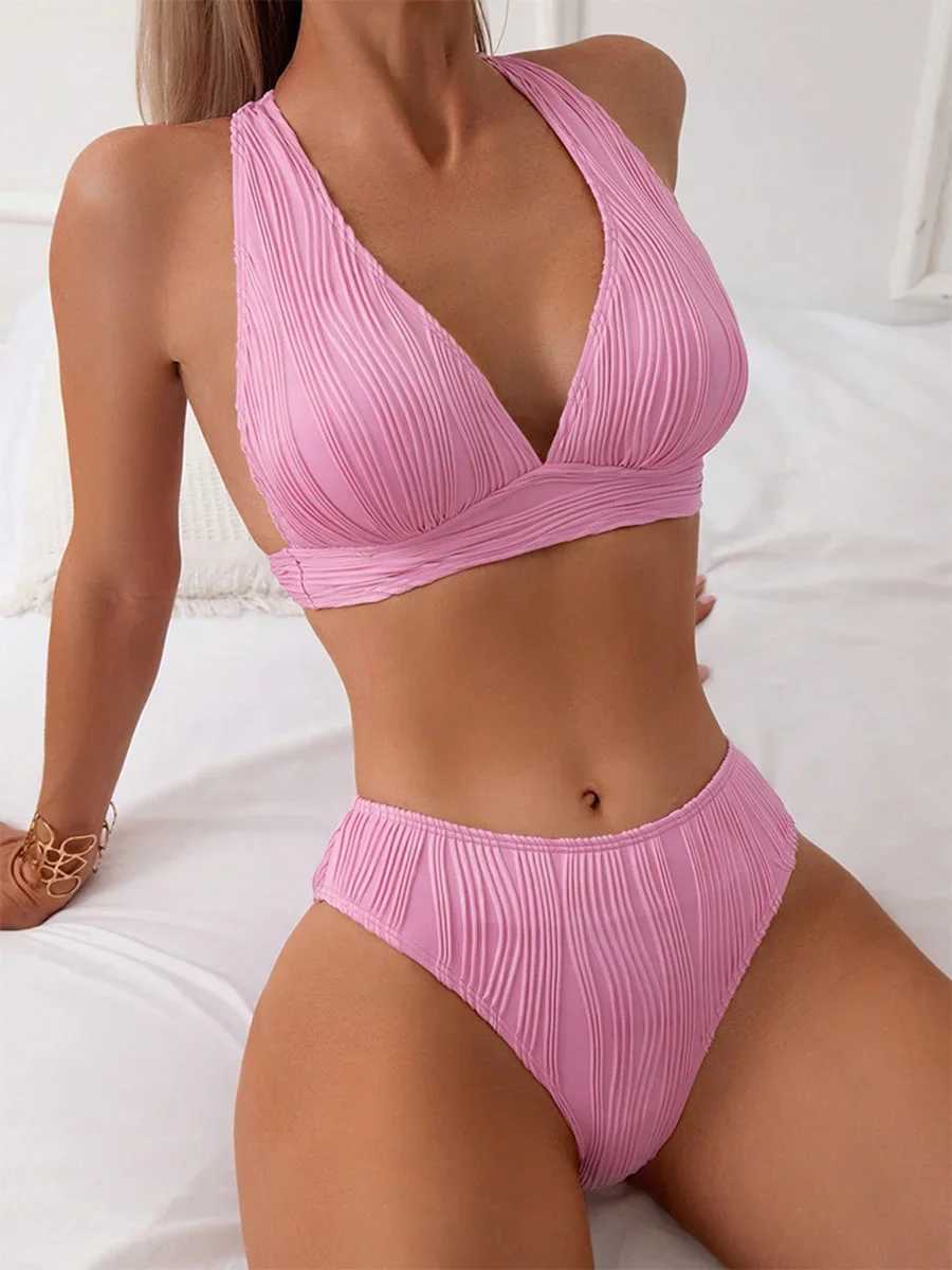 2025 Wrinkled Crinkled Bikini Women Swimwear Fe Swimsuit Two-pieces Bikini Set High Cut Bathing Suit Swim Beach Wear LadyXJ250120