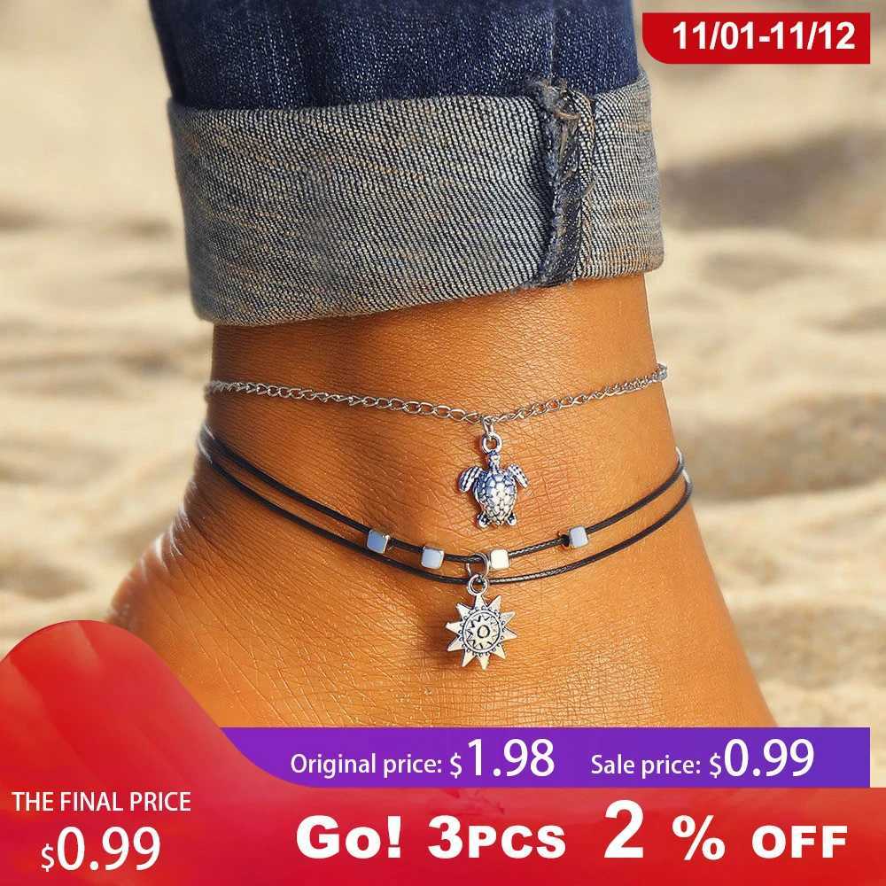 Vintage Multi Layered Turtle Pendant Anklet For Women Boho Sun Beads Charm Ankle Bracelet Summer Beach Leg Chain Foot JewelryXJ250121