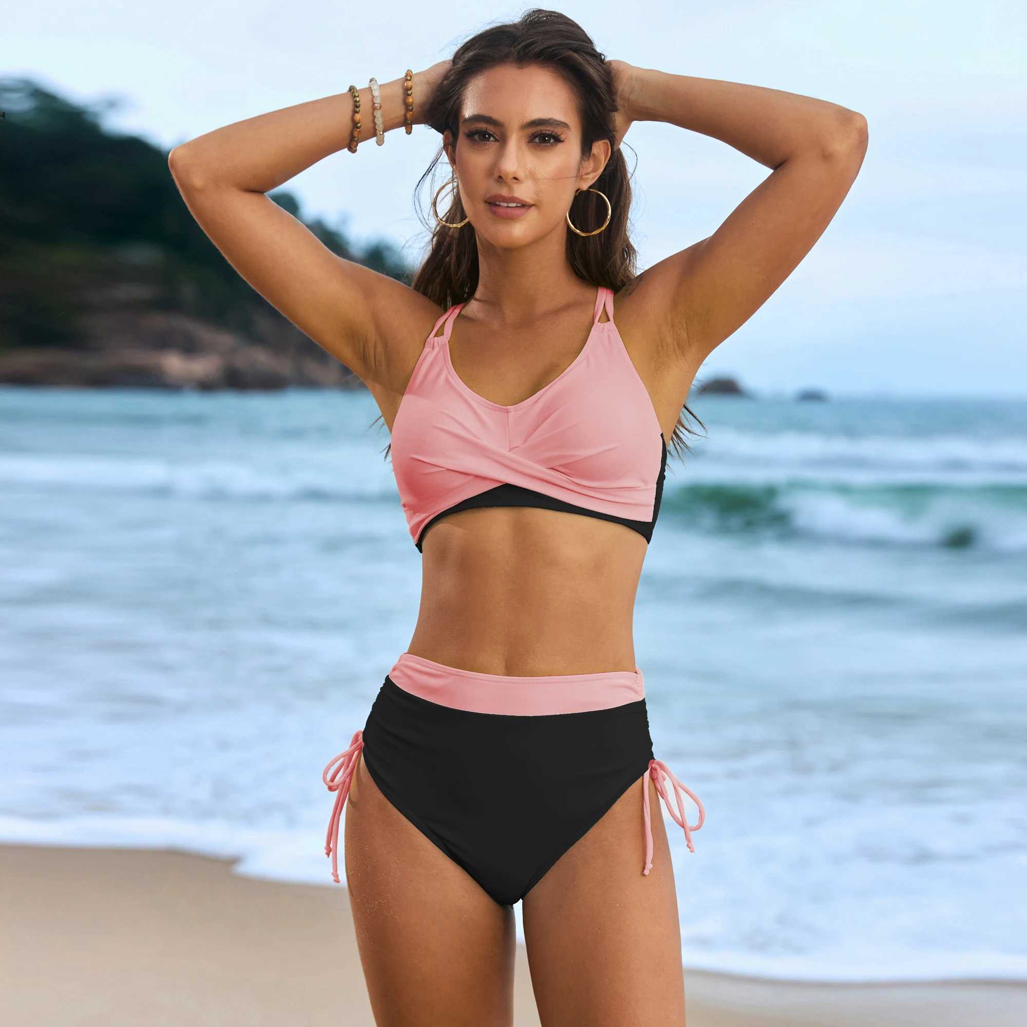 2025 new swimsuit solid color splicing rope cross bag swimsuit womens split bikiniXJ250120