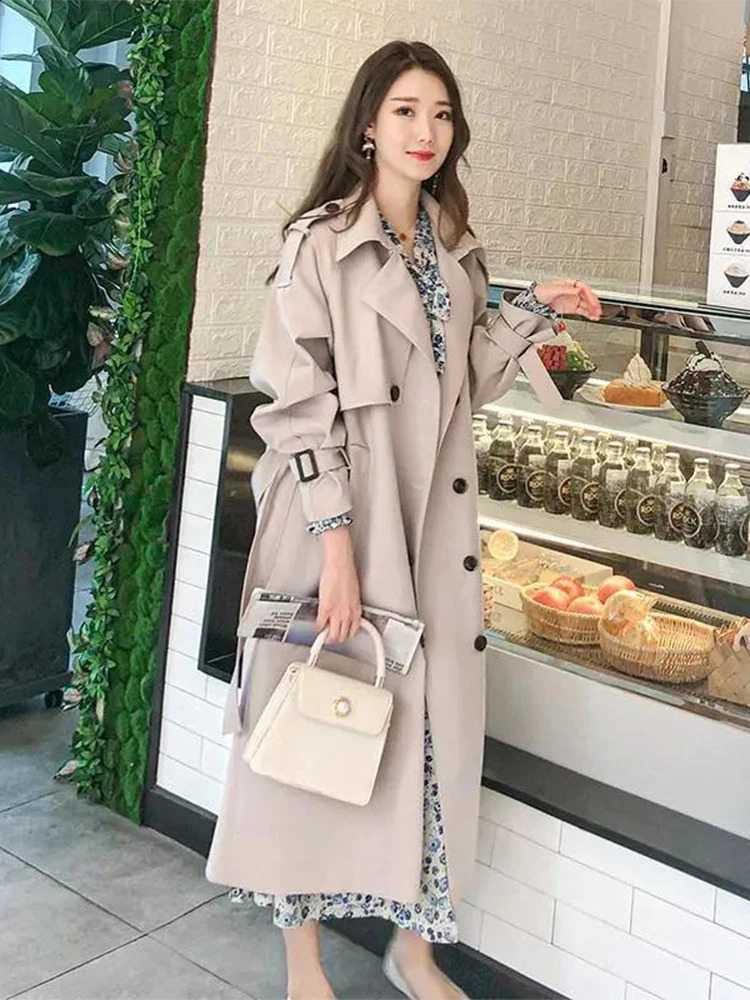 Double Breasted Long Trench Coats Casual With Belt Korea Jackets Loose Gabardina Casaco Women Fashion Windbreaker Abrigos 250118