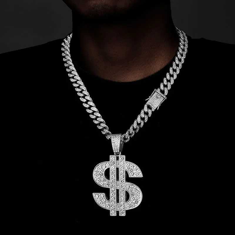 Shiny Rhinestone Dollar Pendant Necklace Mens Womens 15mm Cuban Chain Choker Hip Hop Rap Rock JewelryXJ250121