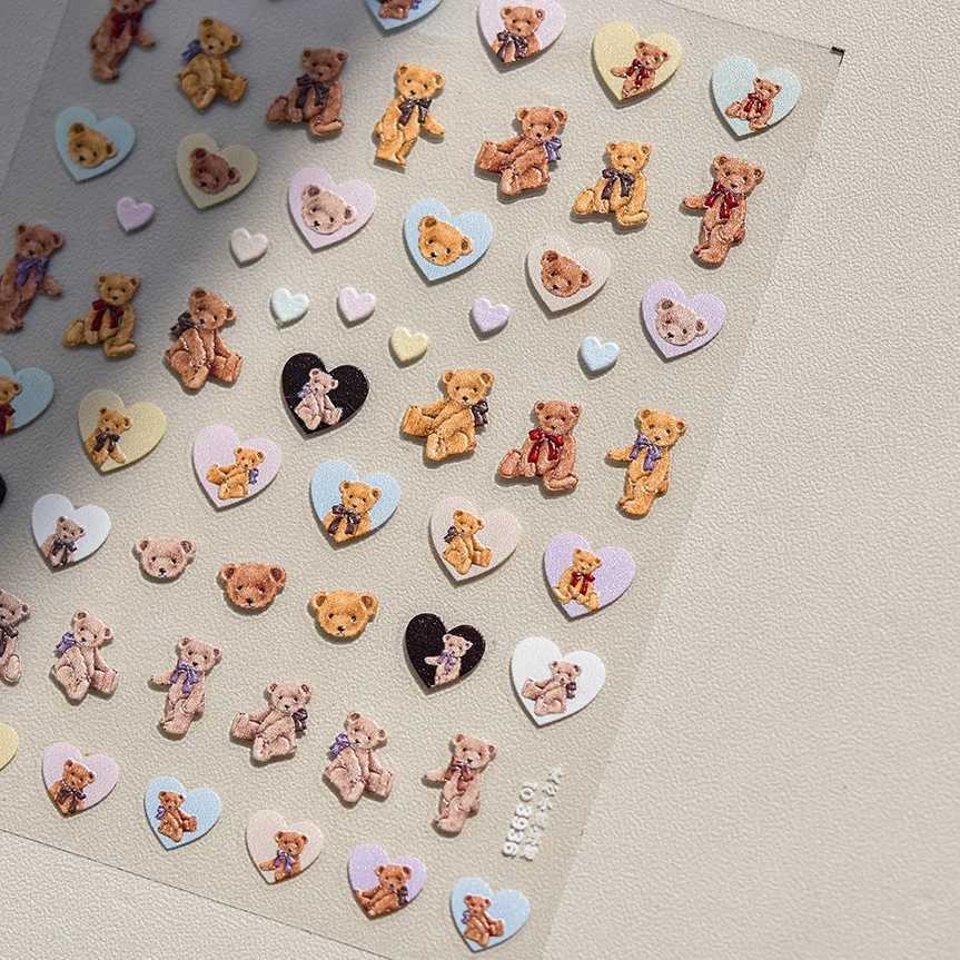 Cute Love Heart Bear Cream Cake Bread Flower Bowknot Cartoon Bunny Embossed Relief Self Adhesive Nail Art Sticker Manicure DecalXJ250120