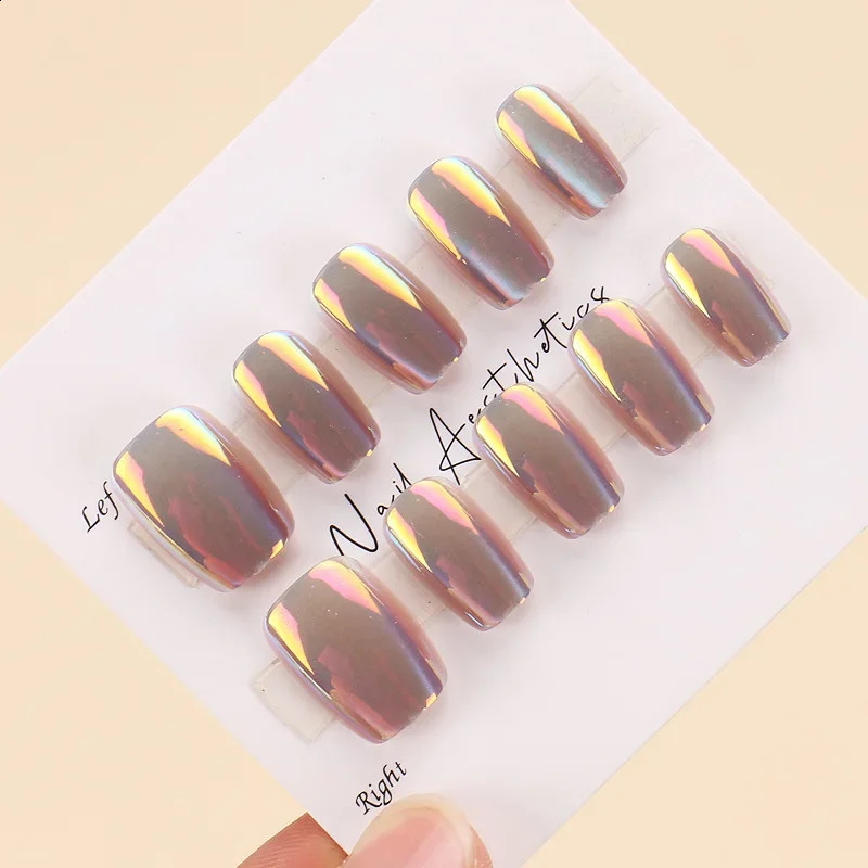 24PCS Cat Eyes Pink Red Magic Mirror Manicure Short Press on Nails Full Cover Ballet False Nails With Glue for Women 250108