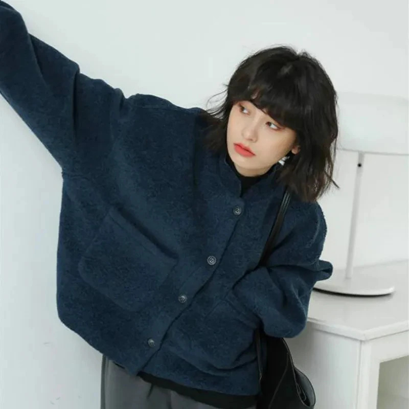 MEXZT Basic Fleece Jackets Women Korean Solid Woolen Coat Autumn Winter Vintage Streetwear Pockets Loose Casual Warm Outerwear 250122