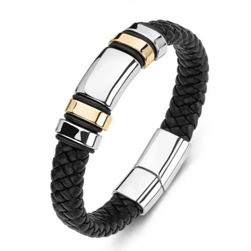 Classic Black High Quality Hand Braided Leather Stainless Steel Magnetic Buckle Bracelet Mens Charm Fashion Casual Jewelry Gift W250121