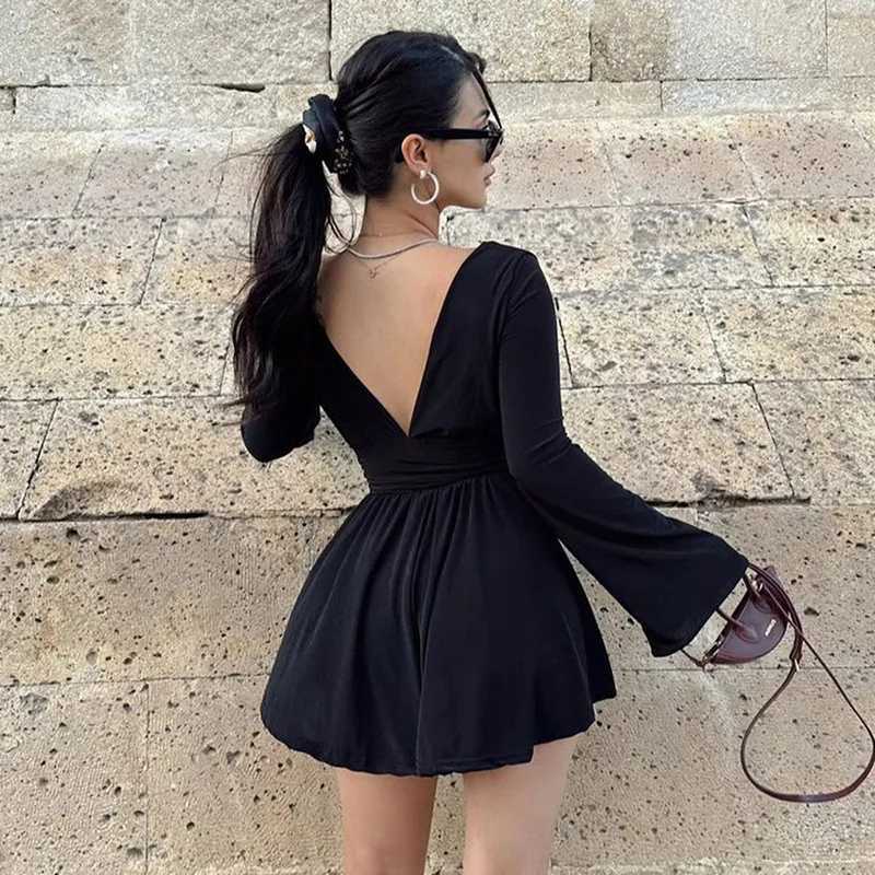 Women Vintage Ele Dresses Deep V Neck Sexy Backless Flared Long Sve Waist Tightening Streetwear Autumn Mini Dress XJ250115