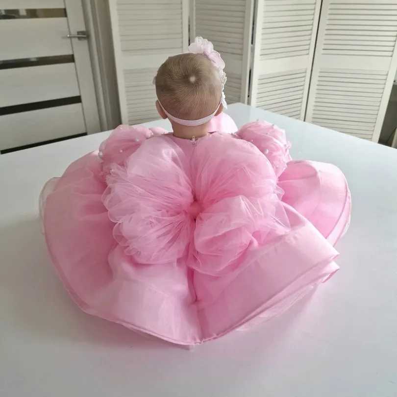 Fluffy pink baby princess ball dress childrens newborn party pearl chiffon first communion wedding dress Baptist costume X250203