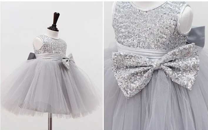 Sweet Baby Girl Dress Silver Sequin Princess Big Bow Sleeveless Infant Summer Dress Toddler Birthday Party Baptism Dress X250203