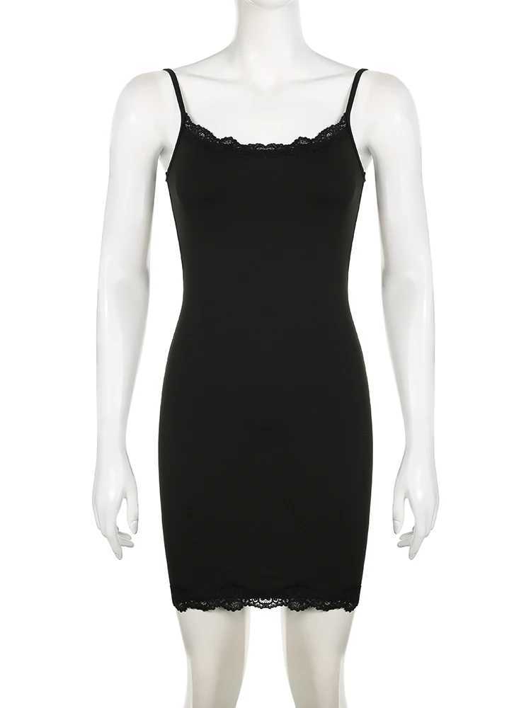 IAMSURE Sexy Solid Lace Trim Bodycon Dress Slim Slash Neck Sveless Mini Dresses For Women 2024 Summer Fashion Streetwear LadyXJ250115