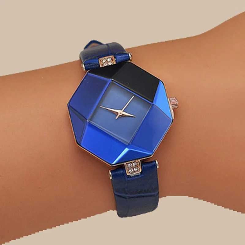 Womens Fashion Exquisite Gem Cut Geetry Watch Wen Blue Watches Leather Band Analog Quartz Wristwatches Ladies X250203