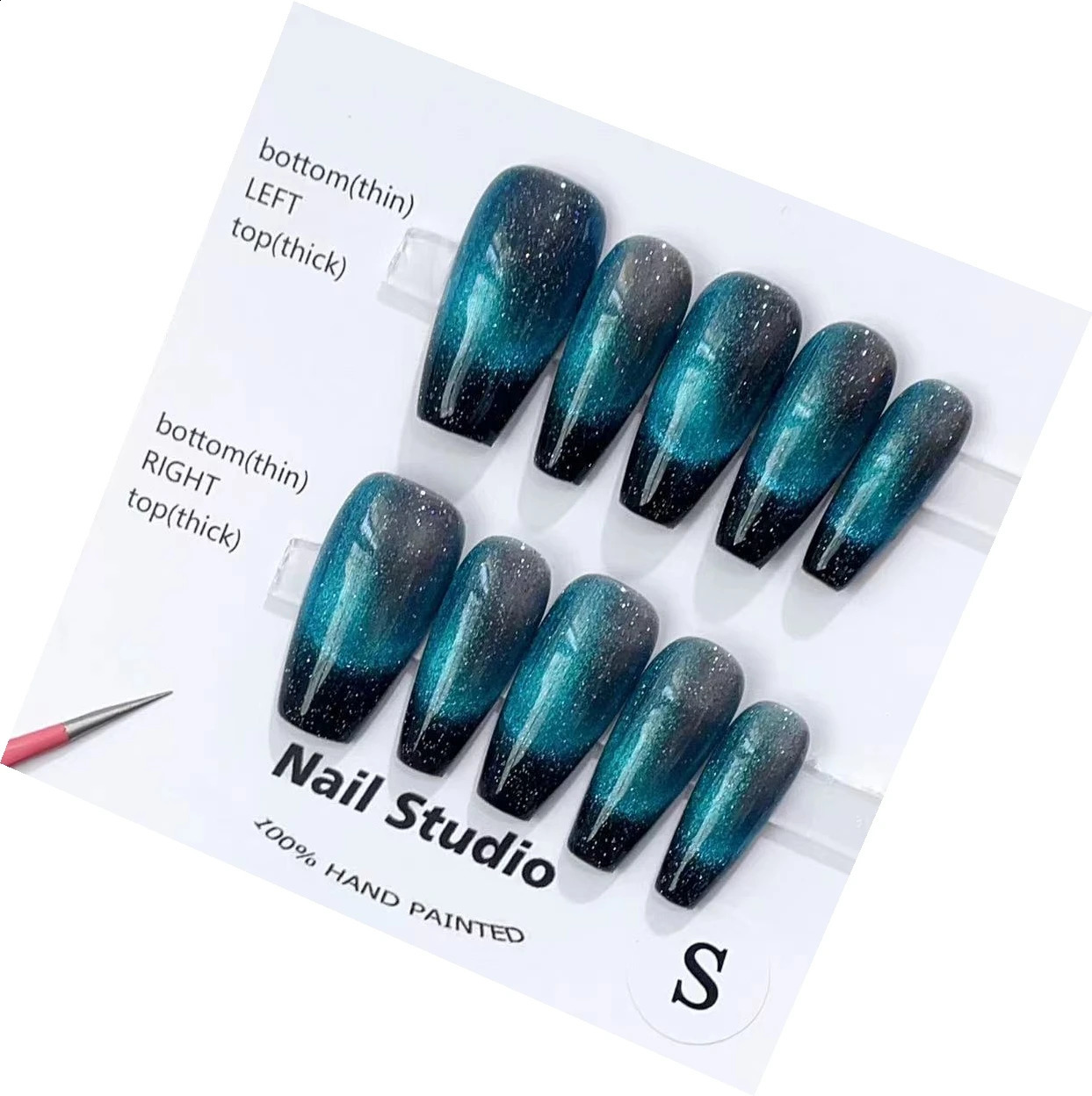100% Handmade Press On Nails with Blue Cat Eye Effect Medium Coffin Shape Cool and Modern In Emmabeauty Store No. EM19152 250108