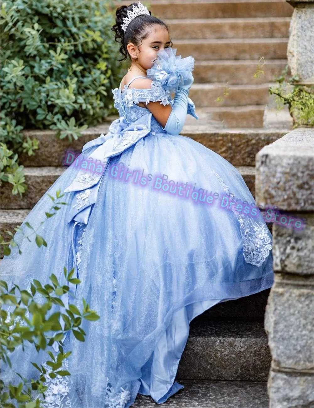 Elegant blue flower girl wedding dress with floral stickers thin gauze bow party childrens birthday dress Pageant Robe Holy First Communion dress X250