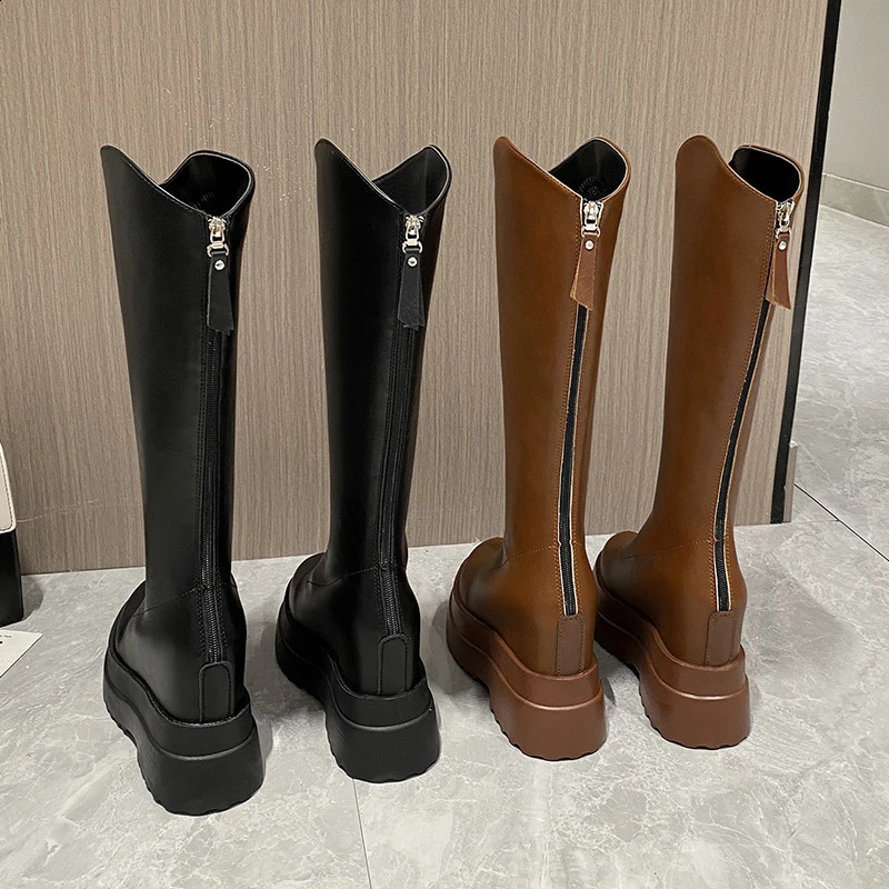 Autumn Winter Long Boots Wedge Heels Knight Shoes Woman Leather Round Toe Women Zipper KneeHigh Motorcycle Footwear 250117