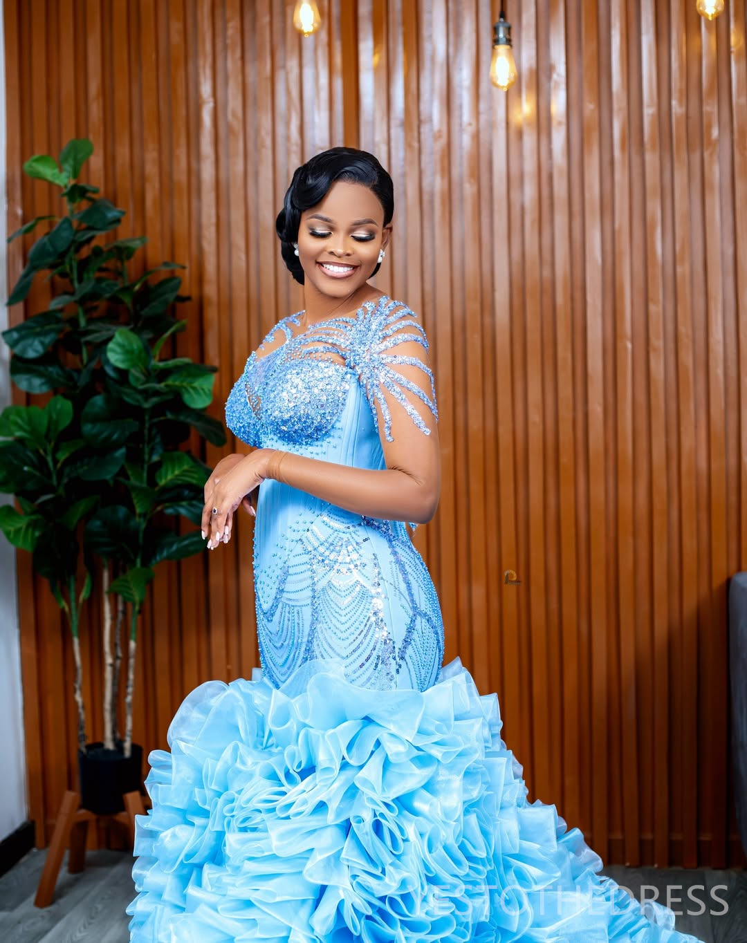 2025 Plus Size Sky Blue Aso Ebi Prom Dress Detachable Train Mermaid Evening Gowns Sheer Neck Long Sleeves Beaded Lace Birthday Dress Second Reception 