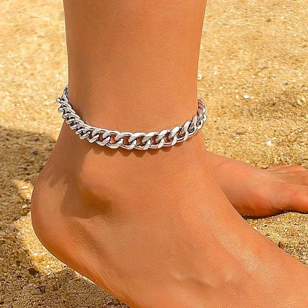 Classic Cuban Chain Anklet for Unisex Women Men Personalized Silver Color Metal Feet Chain Beach Accories Tren Jewelry GiftXJ250121