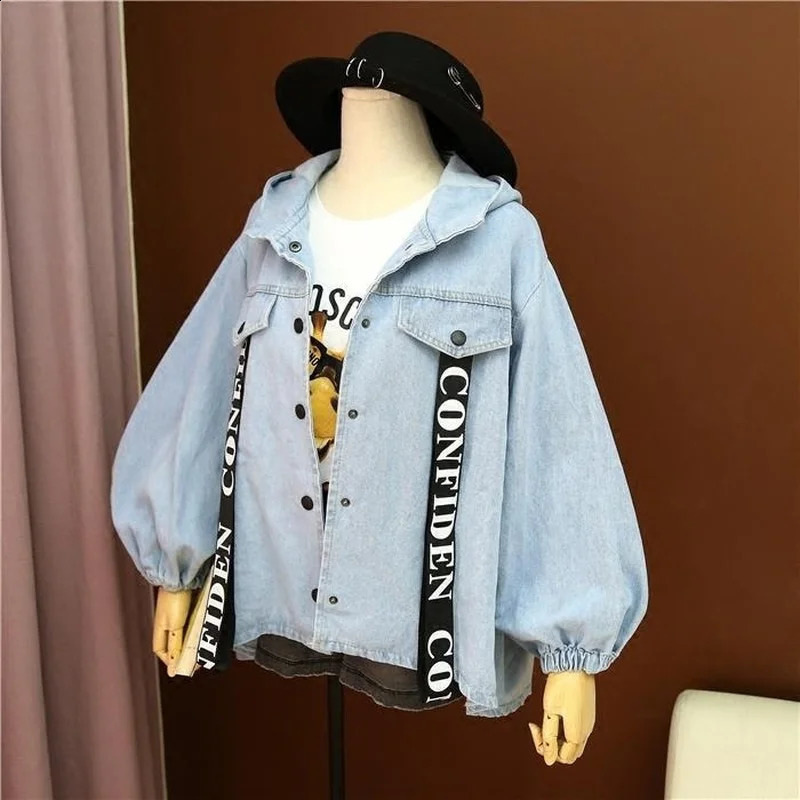 Womens Hooded Denim Jacket Spring Autumn Plus Size Loose Blue Jean Jacket Coat Retro Wholesale Cropped Top 250121