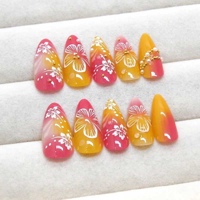 24pcs White Fake Nail Tips Ins Yellow Pink B False Nails Wearable Full Cover European Almond Shaped Press on NailsW250120