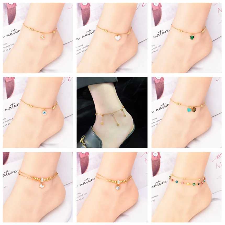 316L Stainl Steel Pearl Heart Shed Green Zircon Eyes Anklets Ladies Fashion Trend High Jewelry Beach Accories B436XJ250121