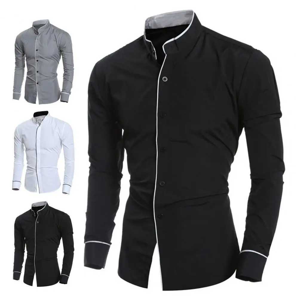Trendy Men Shirt Slim Male Shirt Soft Anti-wrinkle Casual Contrast Color Line Male ShirtXJ250121