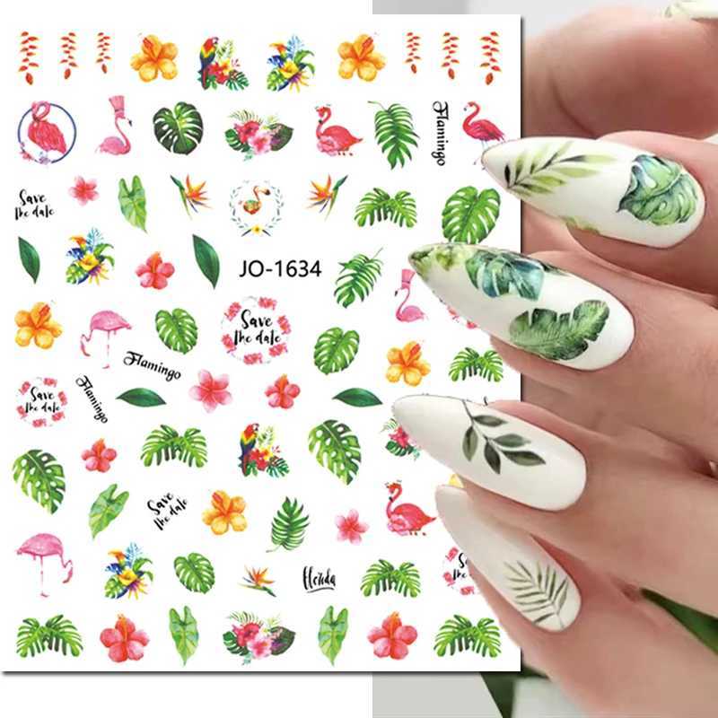 3d Nail Art Stickers Tropical Green Palms Leaves Flowers Flamingo Adhesive Sliders Nail Decals For Manicures Tips DecorationsXJ250120