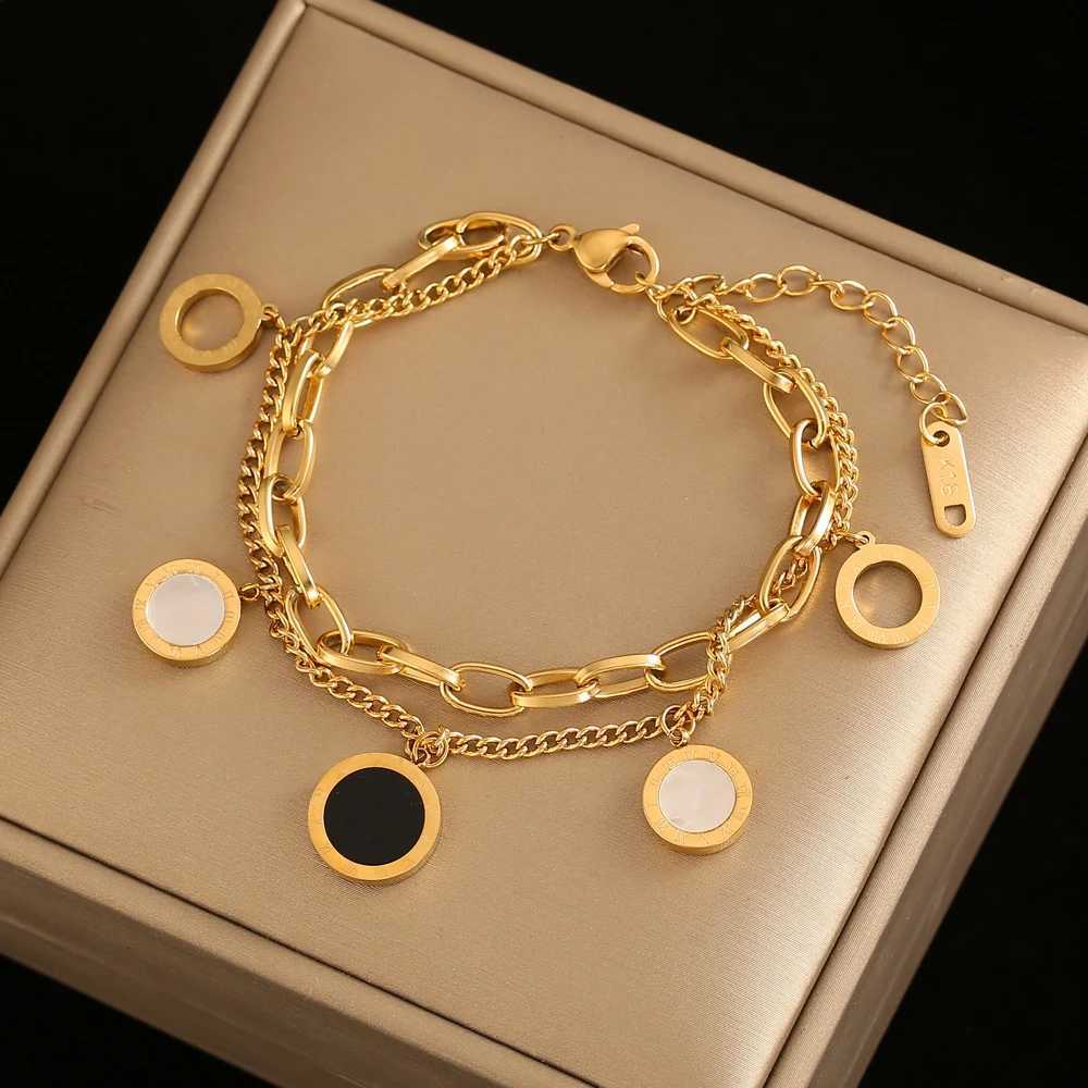 Luxury Famous Brand Jewelry Gold color Stainless Steel Roman numerals Bracelets Bangles Female Charm Bracelet For Women W250121