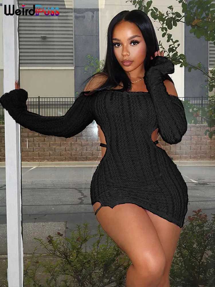 Weird Puss Knit Ele Slash Neck Dress Women Sexy Trend Backless Irregular Skinny Streetwear Midnight Side Hollow Chic BodyconXJ250115