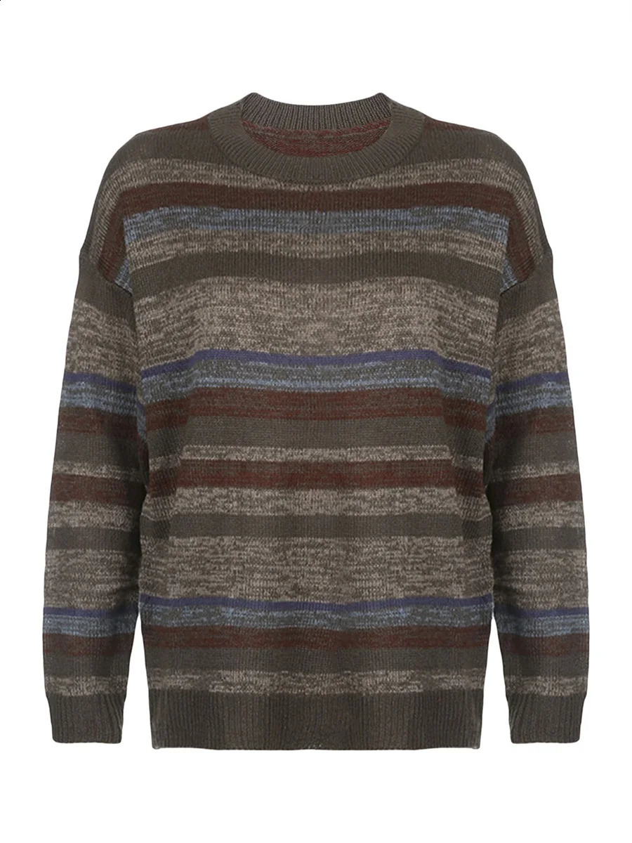 Women s Vintage Striped Print Sweater Round-Neck Long Sleeve Fall Loose Pullover Jumper Tops 250121