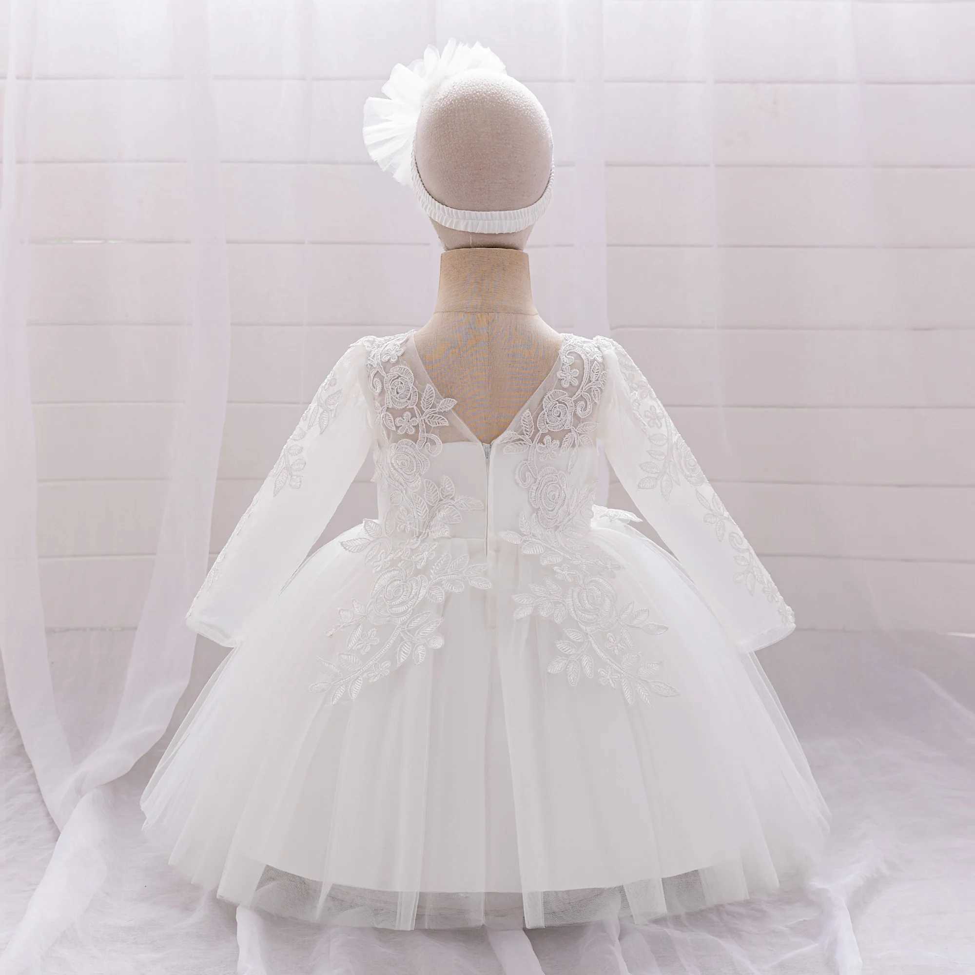 Long Sleeve White Baptism Baby Girl Wedding Dress Applique Bow 1st Birthday Party Princess Dresses Girls Toddler Tulle Prom Gown X250203