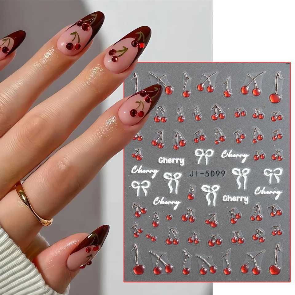 5D Nail Cherry Decors Gold Butterfly Nail Sticker Cute Cherries Bows Diamond Nail Decals Spring Summer Manicure Supplies JI-5D99XJ250120