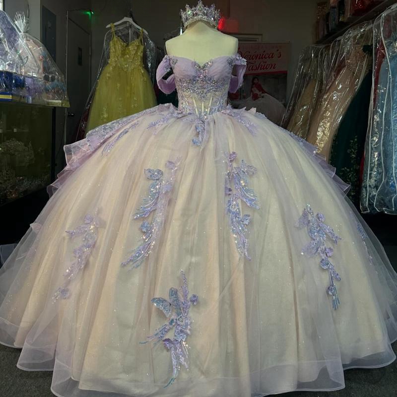 Light Lavender Quinceanera Dresses Ball Gown Off The Shoulder Sequin Applique Lace Beads Tull Party Birthday Sweet 16 Dress Vestidos 15 Anos