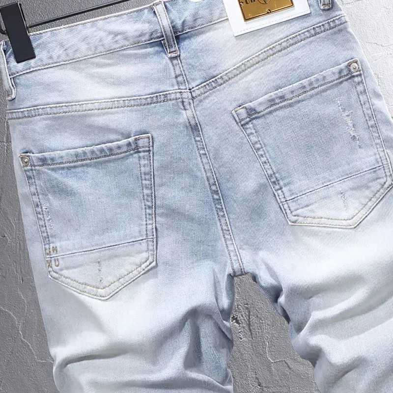 Summer Fashion Designer Short Jeans Men Retro Light Blue Stretch Slim Fit Ripped Jeans Patched Vintage Casual Denim Shorts Men X250203