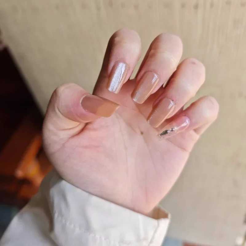 24Pcs Short Cat Eye Fake Nails Trendy Adhesive Glossy Champagne Press on Nails Durable Acrylic Nails Tips Set for Women GirlsW250120