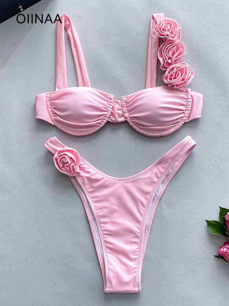 Sexy Swimwear Women Solid Bikini Suit Summer 3D Flower Backless Beachwear Fe Two-pieces Swimwear Bathing Suit BiquiniXJ250120