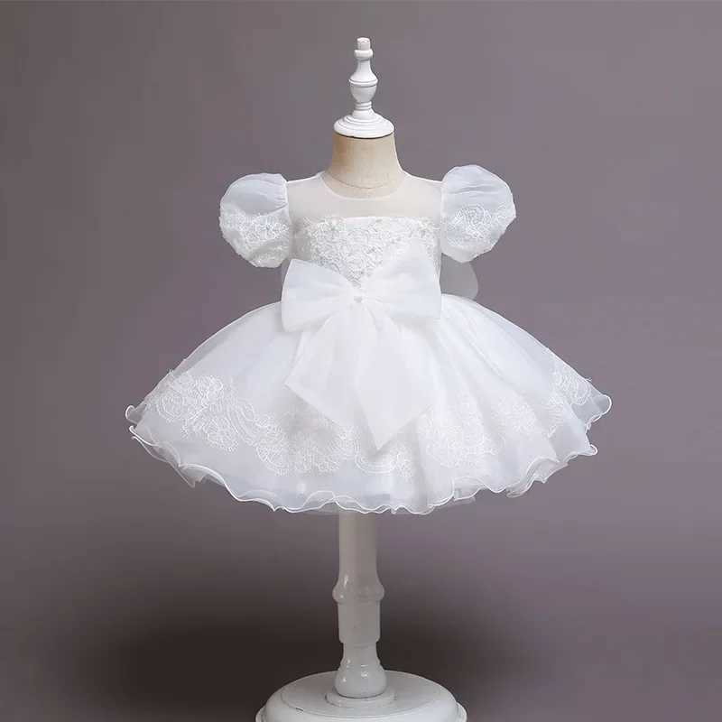 Puff Sleeve Embroidery Big Bow Baby Girl Baptismal Dress Pearl Princess Kids Dress Toddler Clothes For Newborns Dresses 1 3 6Y X250203