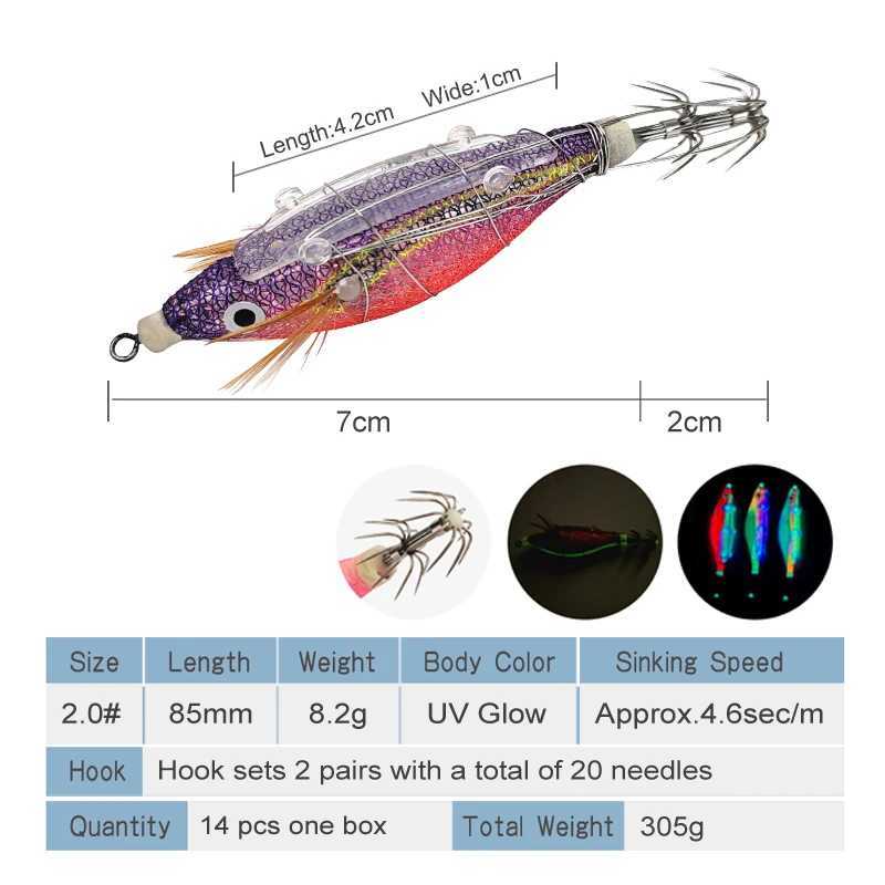New 14pcs Fishing Lures Set 2.0# Squid Jig Bait Bundled Luminous Webfoot Octopus Egi Lure Wobbler Cuttlefish Hook Sea TackleXJ250122