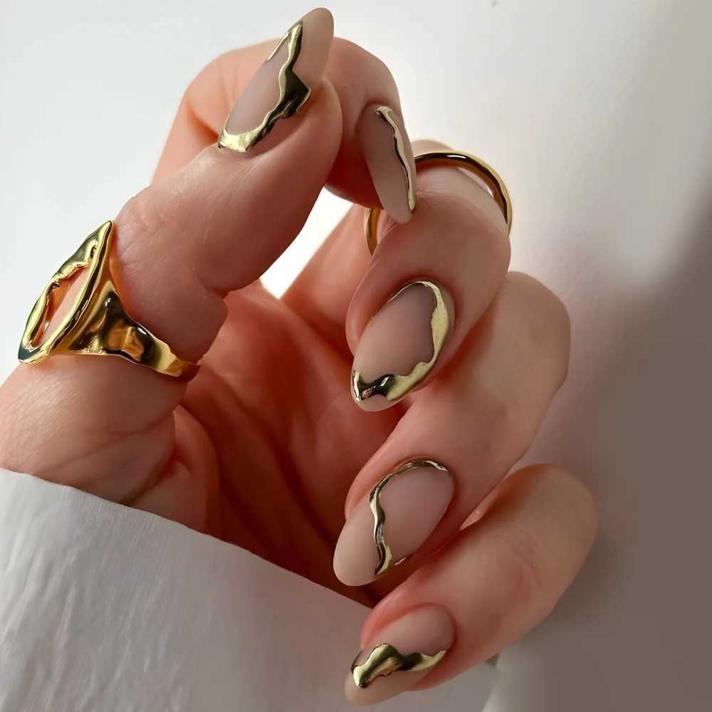 24Pcs Golden French Fake Nail with Almond Head Design Simple Oval False Nails Wearable Press on Nails Full Cover Nail TipsW250120