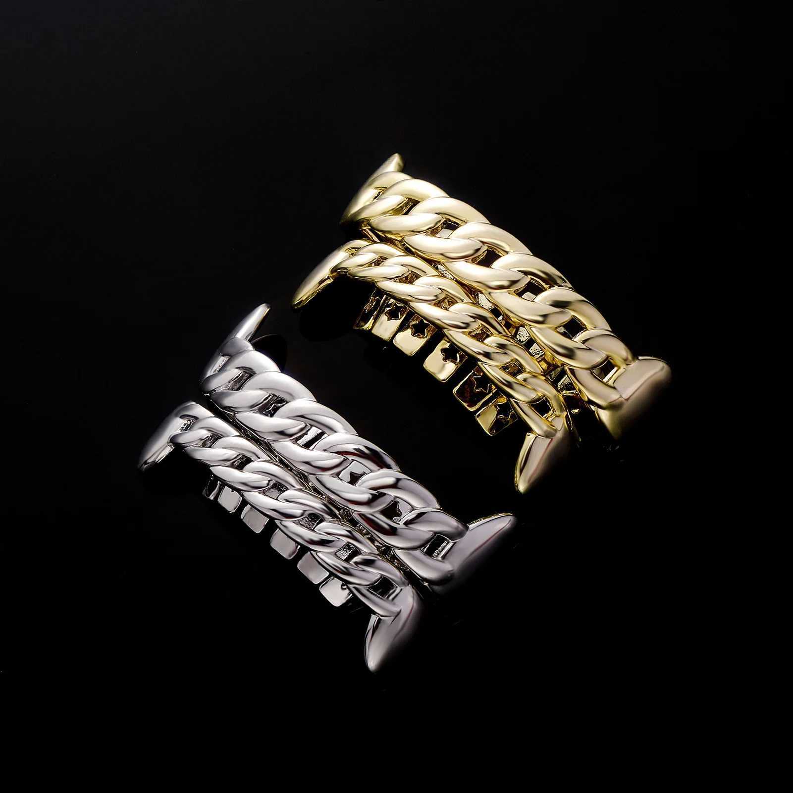 RACHELZ Hip Hop Glossy Cuban Chain Teeth Grillz Top Bottom 14K Gold Plated Hollow Tooth Caps For Women Men Body JewelryXJ250114