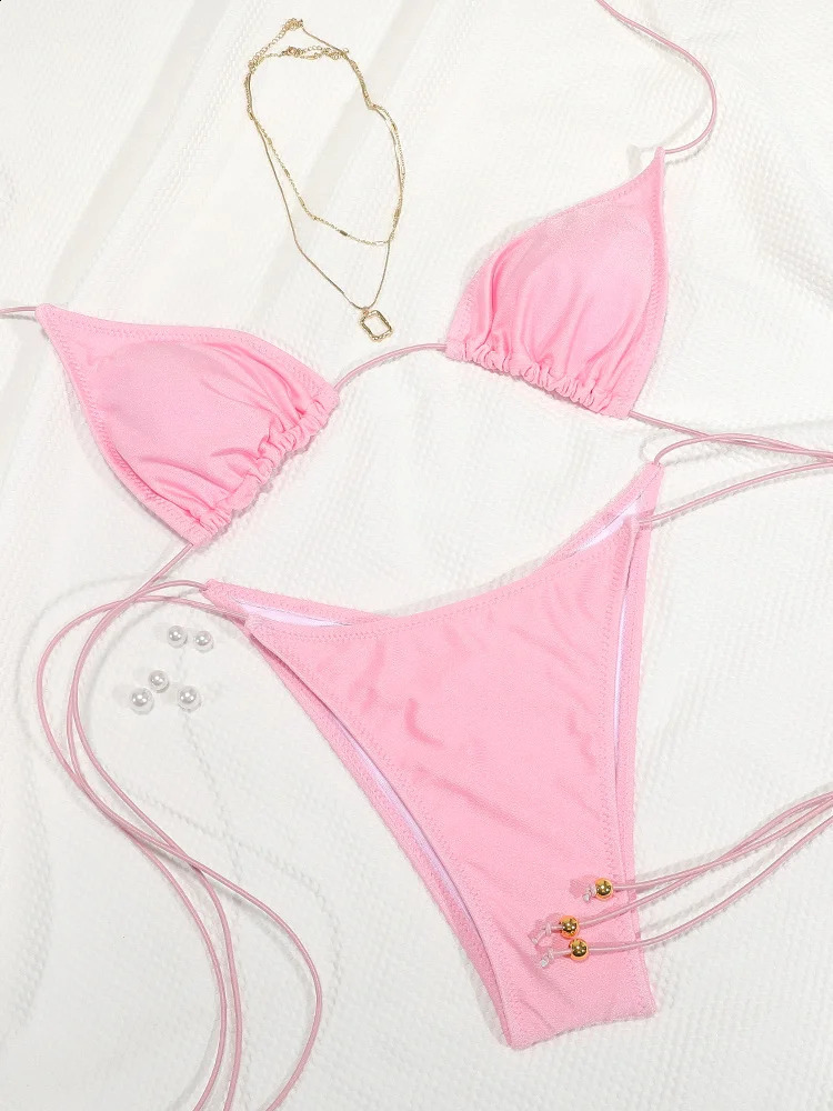 Sexy triangle swimsuit tie bikini push up womens swimsuit high cut swimsuit Brazilian Biquini sexy solid bandage beachwear 250118