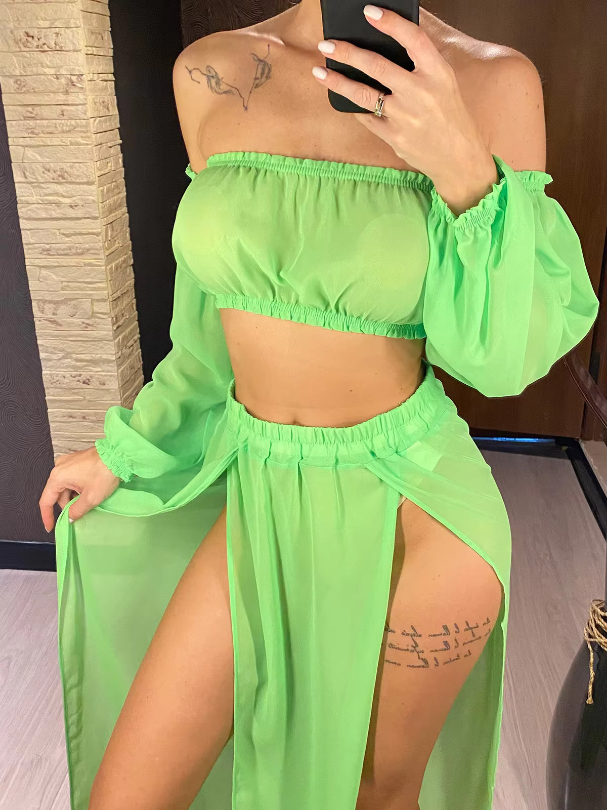 New Leopard Off Shoulder Long Sleeve 2 Pieces Set Cover Up Cover-Ups Dress Beach Wear Beachwear Female Women V3728