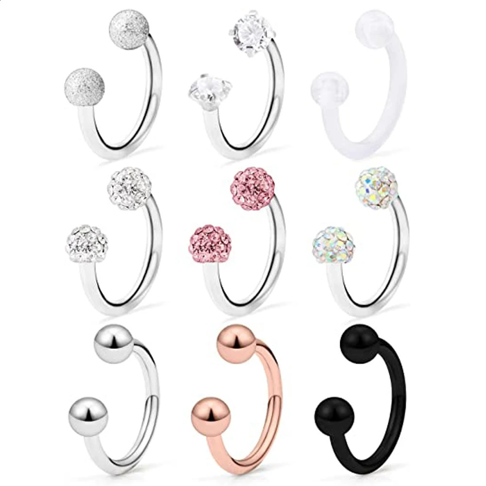 19PCS 16G Steel Lip Hoop Ring Crystal Cubic Horseshoe Barbell Tragus Cartilage Earring Helix Daith Septum Piercing 250110