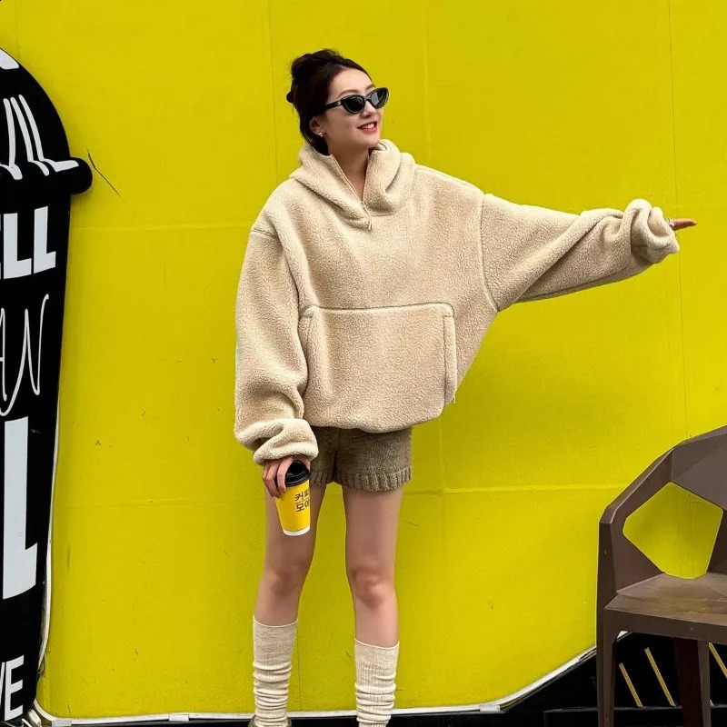 Aesthetic solid polar fleece plus velvet thickened warm winter hooded jacket women street fashion versatile casual half-zip Coat 250122