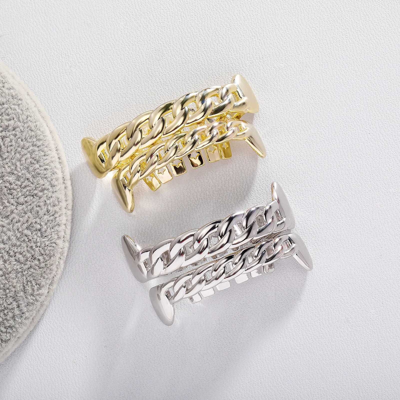 RACHELZ Hip Hop Glossy Cuban Chain Teeth Grillz Top Bottom 14K Gold Plated Hollow Tooth Caps For Women Men Body JewelryXJ250114