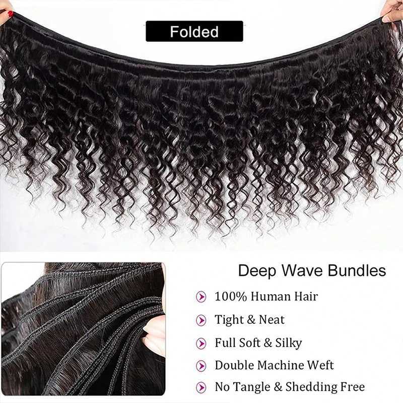 Deep Wave Human Hair Bundles With Clo 4x4 Transparent Lace #1B Color Wet and Wavy Virgin Human Hair Extensions For WomenXJ250120