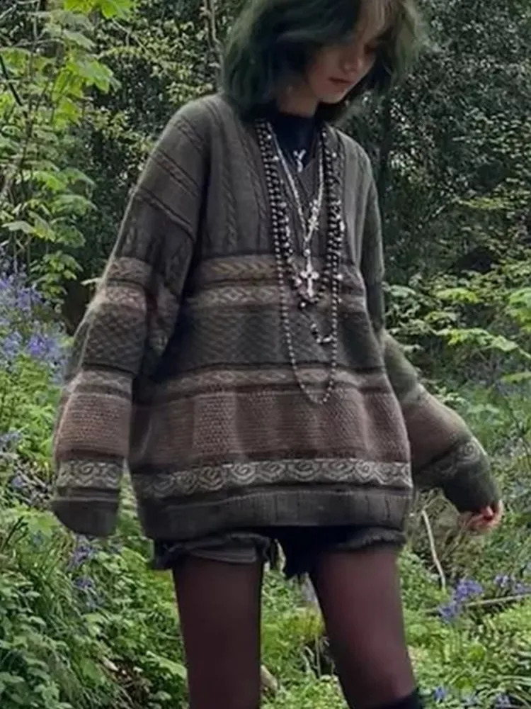Academics Vintage Fairy Core Grunge Knit Sweaters Loose Graphic Striped Print Y2K Pullers Casual 2000S Autumn Women Knitwear 250114