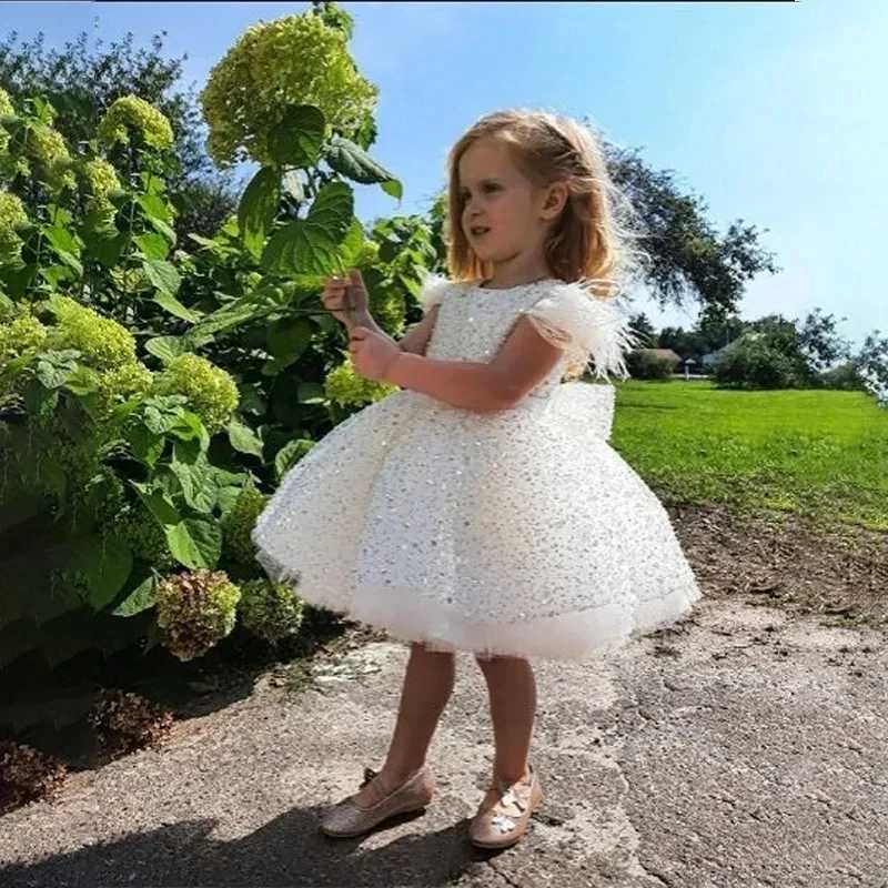 Summer Baby Girl 1st Birthday Party Wedding Dress For Girls Clothes white feather beaded sequin Princess Baptismal kids Dress X250203