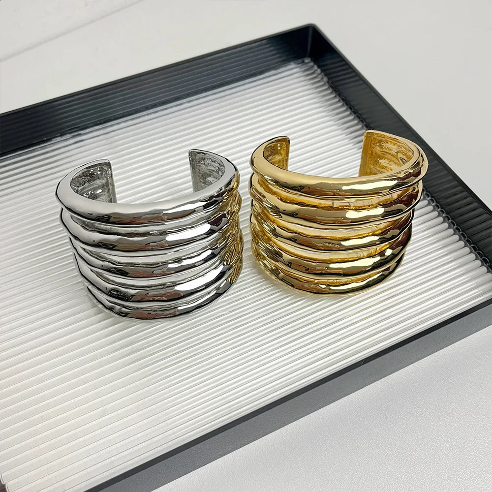 HUANZHI Multi-layer Wide Hollow Coil Smooth Metal Bangle Bracelet for Women Girls Exaggerated Personality Minimalist Jewelry 250110