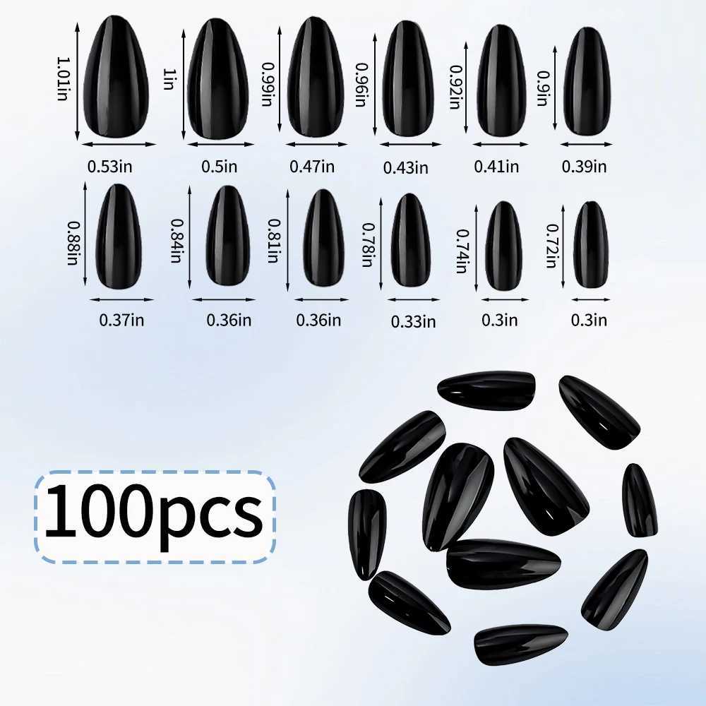 100pcs Black Almond Fake Nail Mid-length Solid Color Artificial Nail Removable Press On Nails Tip Almond Nail Art False NailW250120