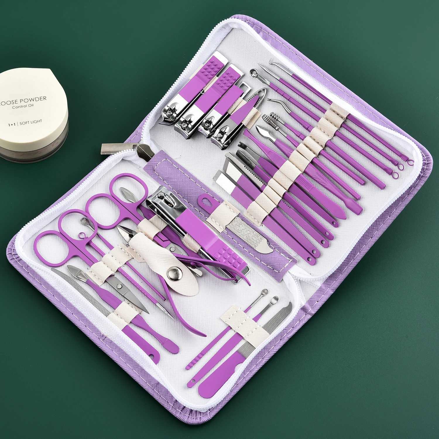30 Pcs Purple Manicure Set Professional travel kit Stainless Steel Solid Manicure Kit Nail Care Kit With Pink Case ValentineXJ250121