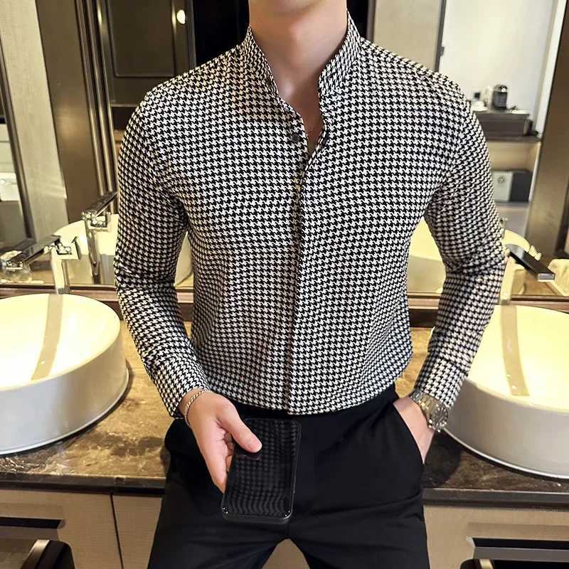 Luxury Black White Plaid Shirt 2023 Autumn New Mens Long Sleeve Business Slim Fit Casual Shirt Homme Social Formal Wear BlousesXJ250121